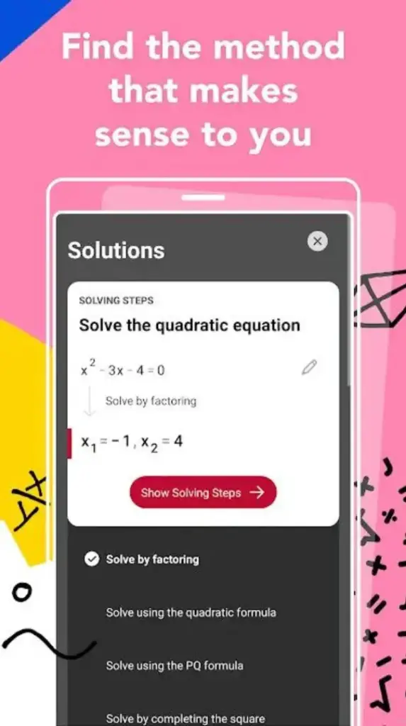 Photomath app displaying step-by-step solution for a quadratic equation