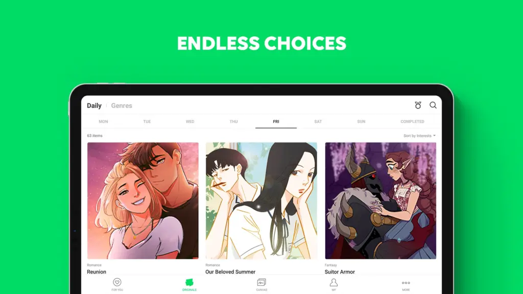 Webtoon app interface showing a variety of popular webcomics