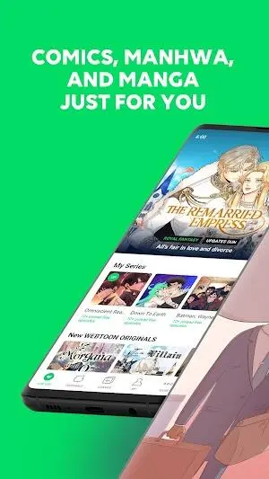 Various genres of Webtoon comics including romance, fantasy, and  action.