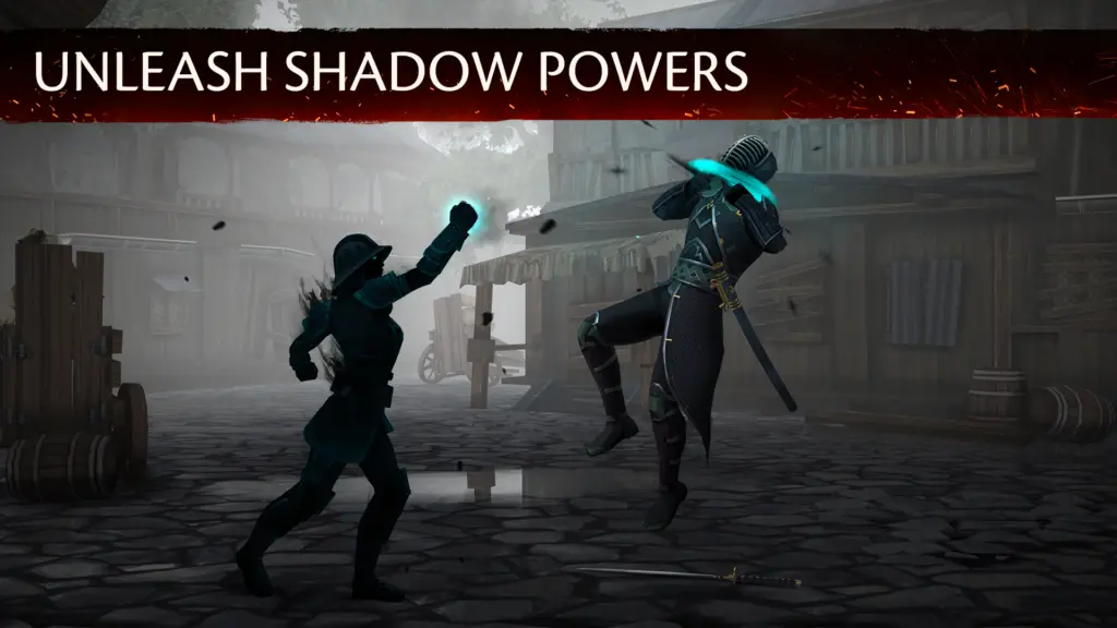 Intense fight scene in Shadow Fight 3 with special moves and abilities.