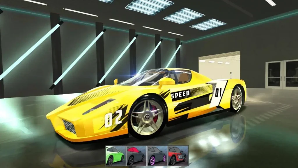 Car customization screen in Car Simulator 2 allowing players to modify cars with new colors and parts.