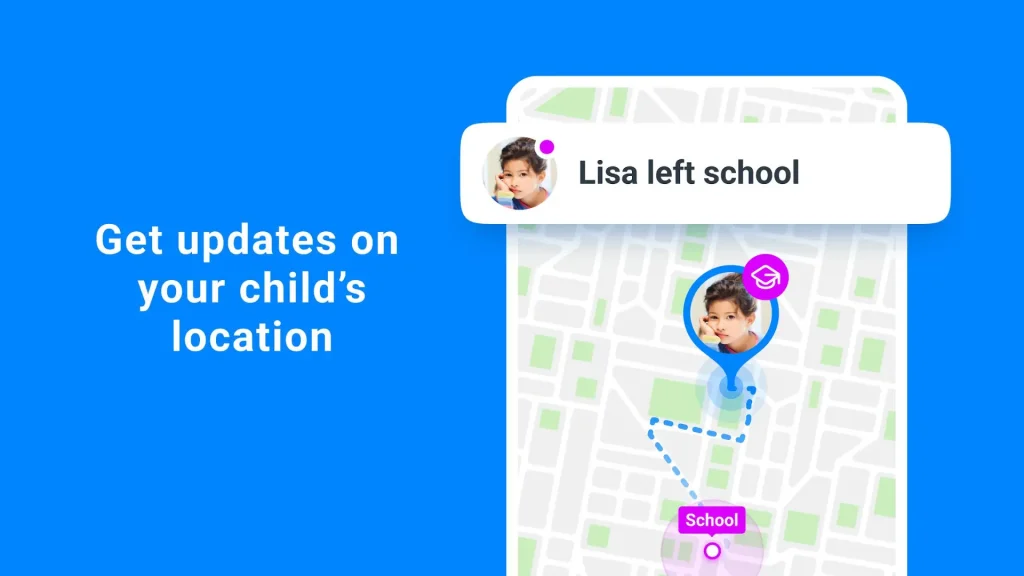 Map interface in Find My Kids app displaying child's route and location