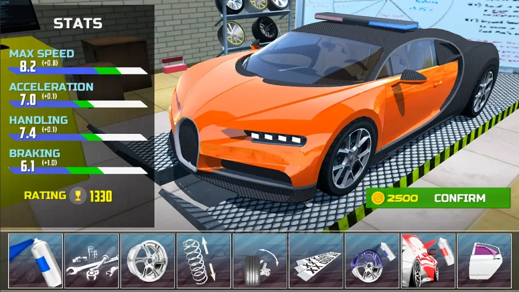 Player’s garage in Car Simulator 2 featuring different cars and customization options.