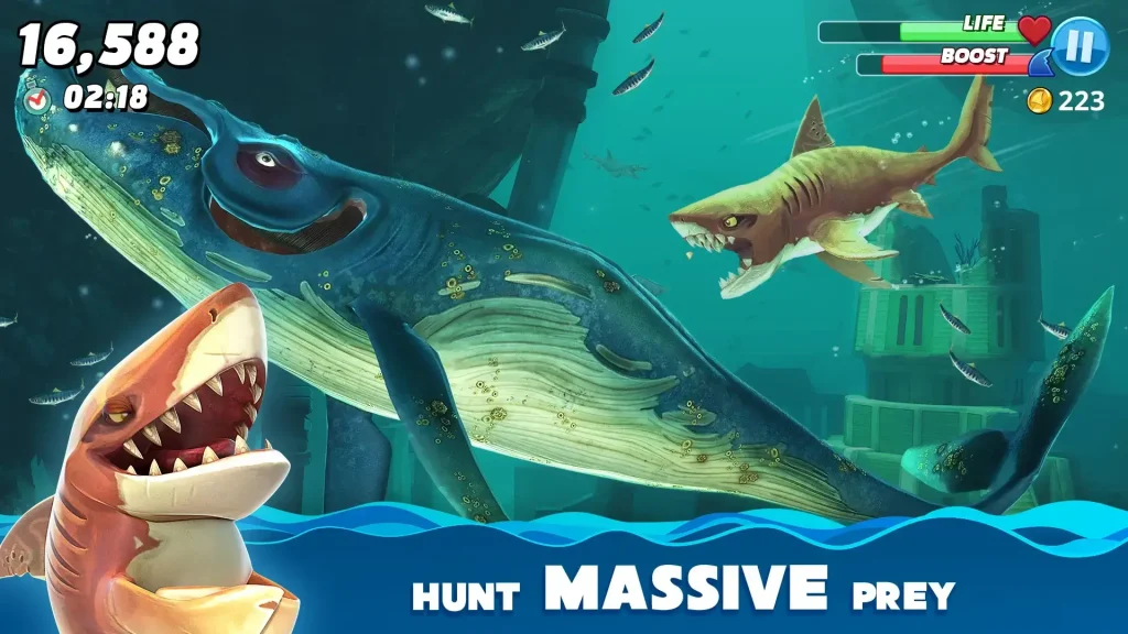 Hungry Shark World gameplay showing a shark devouring sea creatures and exploring the ocean