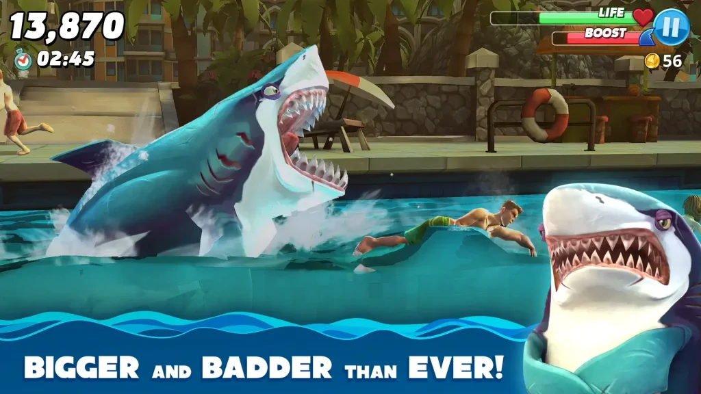 Challenges and missions in Hungry Shark World where it is showing that players must complete goal to eat humans