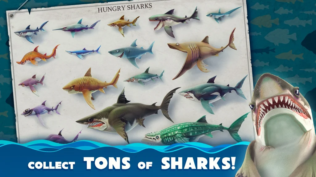 Shark selection screen in Hungry Shark World displaying various shark categories