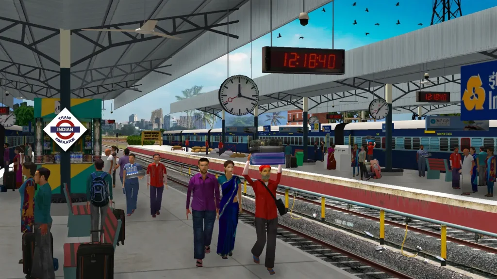 Crowded Indian train station with passengers boarding and departing trains.