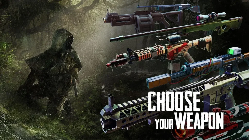 Weapon selection screen in Cover Fire, showing a variety of guns and rifles.