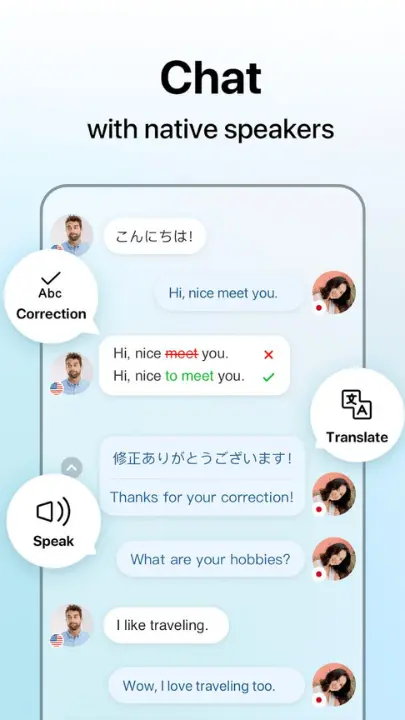 Text chat feature in HelloTalk where users practice writing in a foreign language