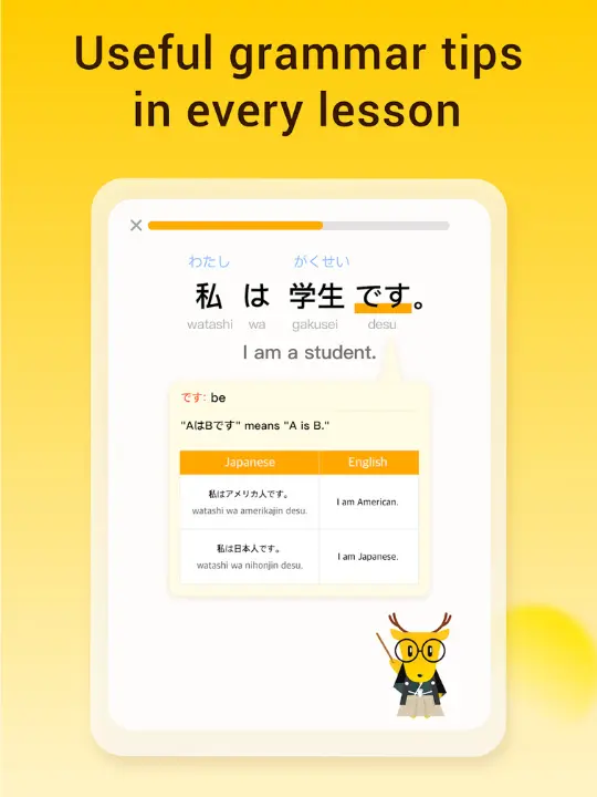 Grammar lesson in LingoDeer teaching sentence structure in Japanese.