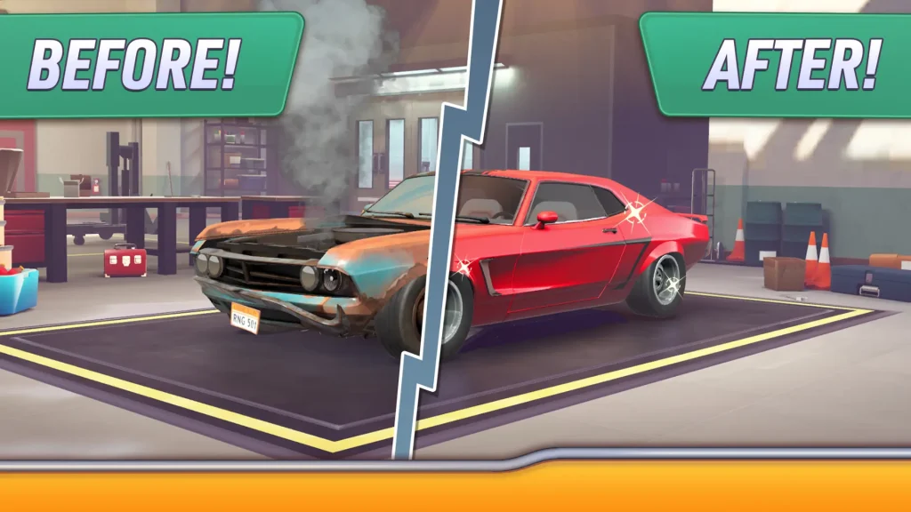 Car restoration process in Chrome Valley Customs game showing before and after effects