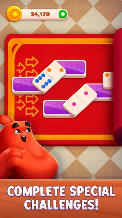 Domino puzzle level in Domino Dreams with obstacles and power-ups.