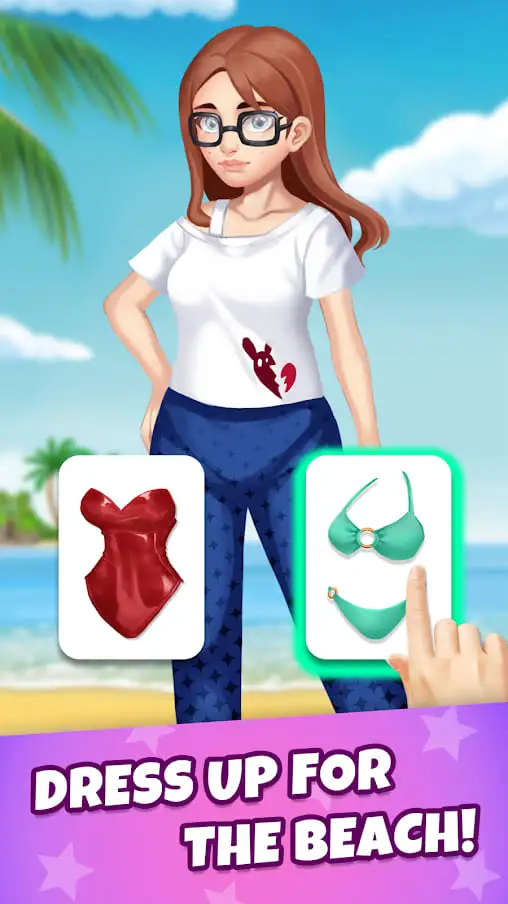 Outfit selection screen in Love Fantasy with trendy clothing and accessory options