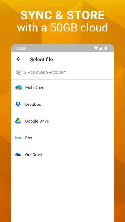 Cloud integration in OfficeSuite connecting with Google Drive, Dropbox, and OneDrive.