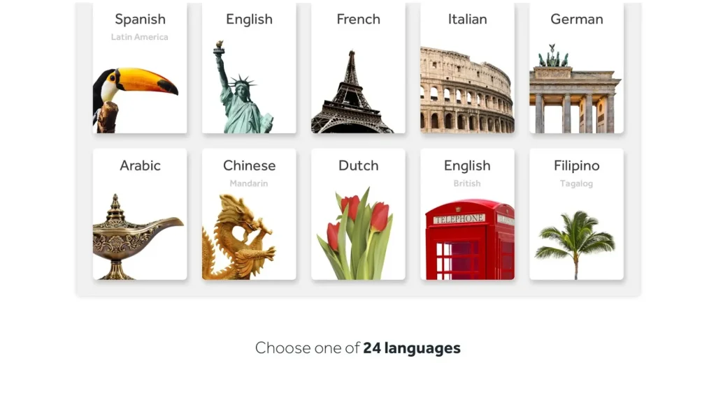 Language selection screen in Rosetta Stone showing options like Spanish, French, Japanese and many more!