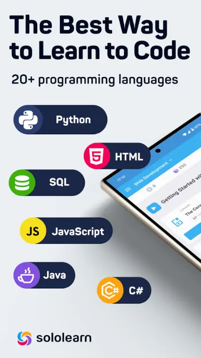 20+ Language course choices screen in SoloLearn offering Python, JavaScript, C++, and many more.