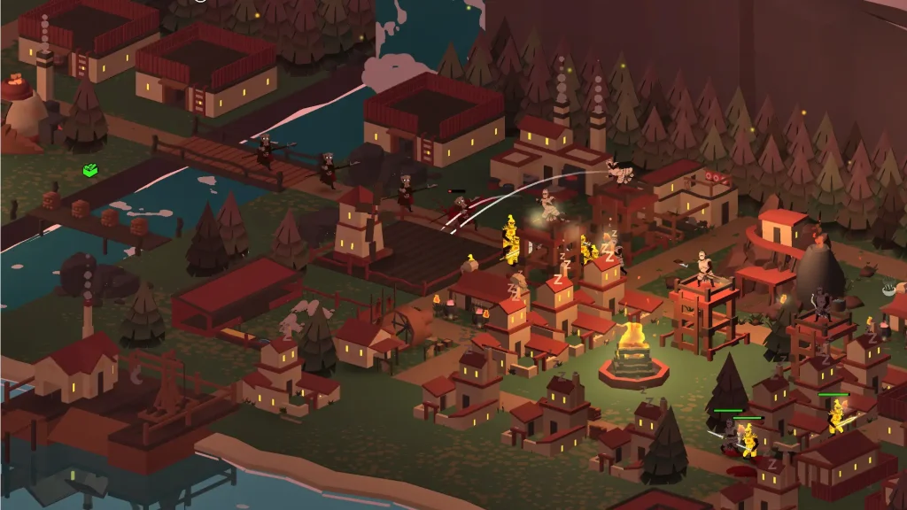 Night defense scene in The Bonfire 2: Uncharted Shores with settlers fighting the monsters