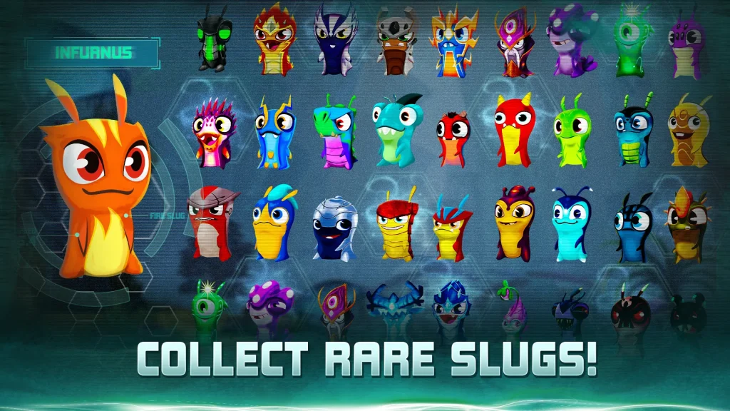 Slug collection screen in Slugterra: Slug It Out! showcasing different slug species and upgrade options